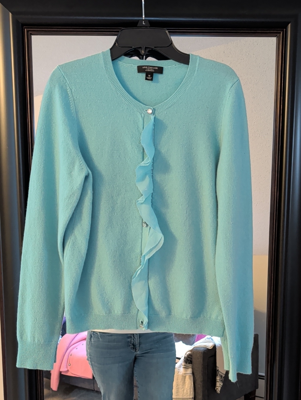 Anne Taylor Cashmere Aqua Ruffle-Front Crewneck Cardigan With Decorative Buttons